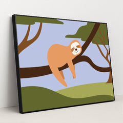Happy Sloth Lounging in a Tree by Silverfork Studio - Black Frame Stretchiez