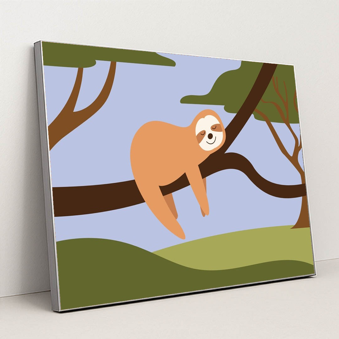 Happy Sloth Lounging in a Tree by Silverfork Studio - Silver Frame Stretchiez