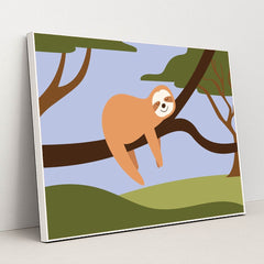 Happy Sloth Lounging in a Tree by Silverfork Studio - White Frame Stretchiez