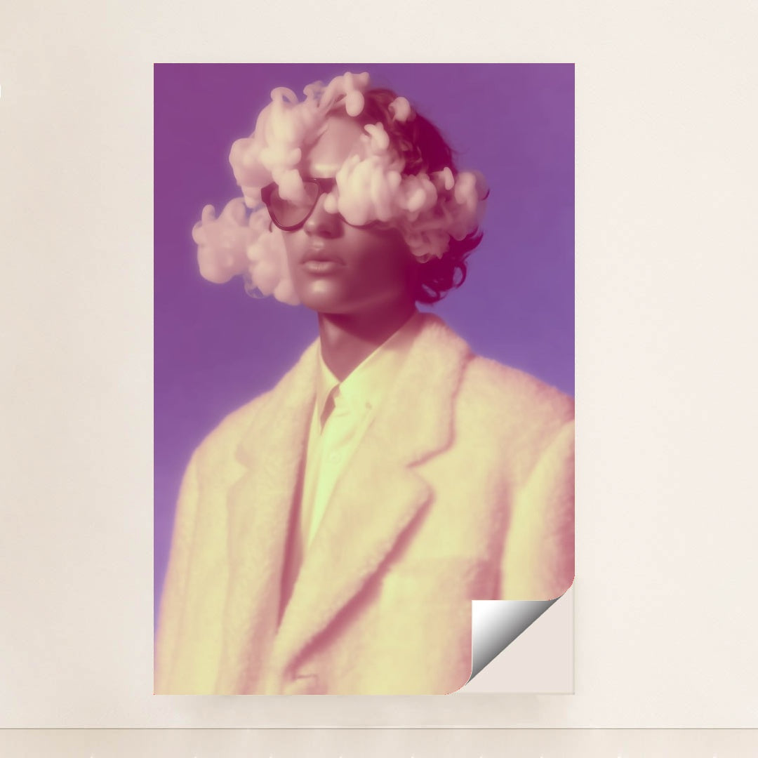 Rosy Haze surreal portrait of a woman with clouds in her head, modern art wall art, dreamy illustration, pastel colors unframed art.