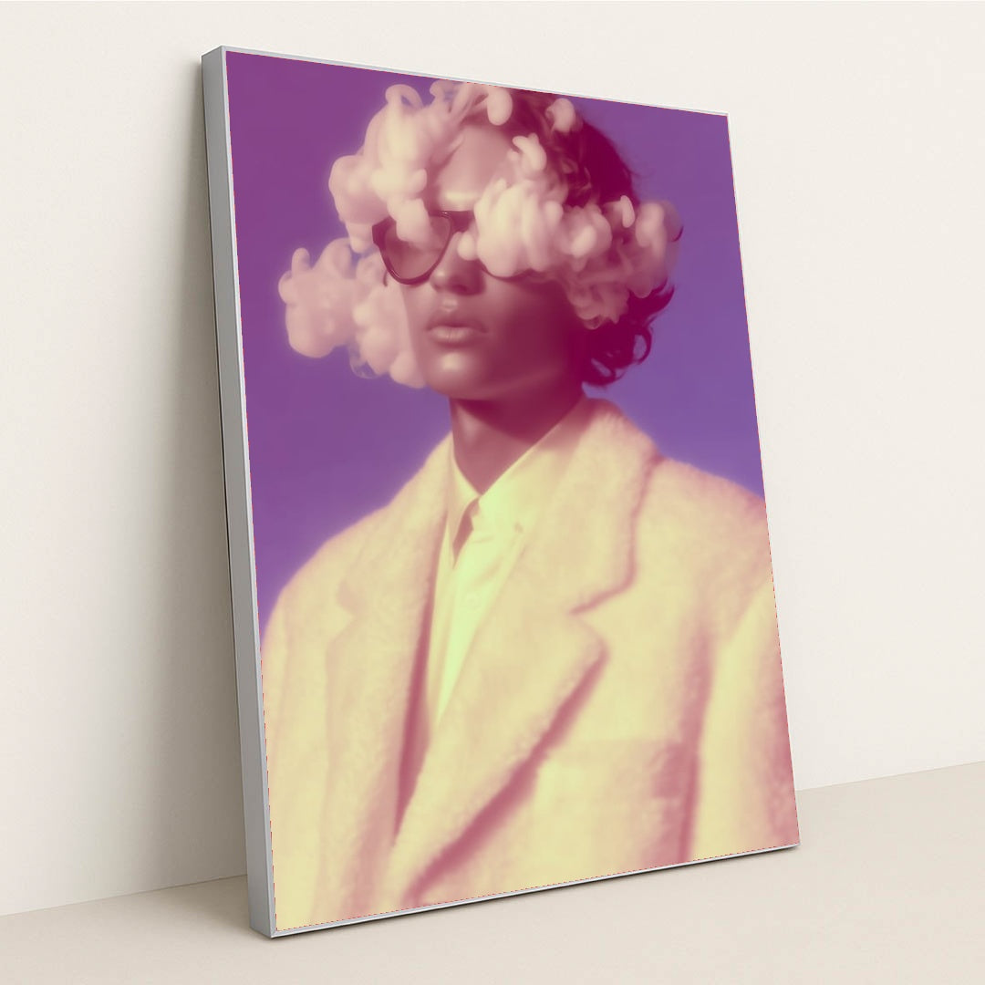Rosy Haze abstract wall art featuring a surreal portrait of a woman with clouds in her head, framed art in silver frame.