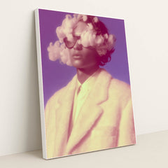 Rosy Haze wall art featuring a surreal portrait of a woman with clouds in her head, dreamy illustration in pastel tones in white frame.