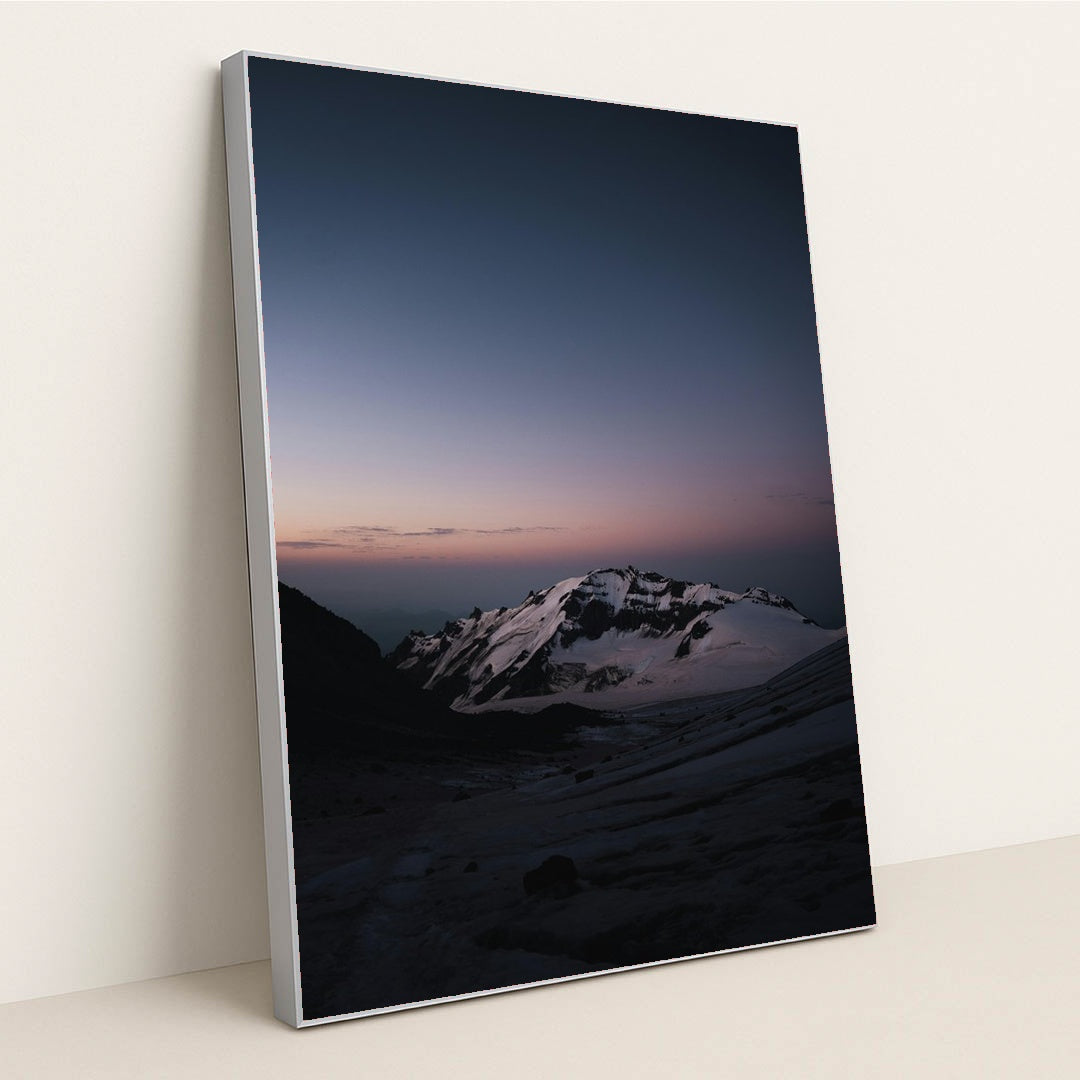 A snow covered mountain with a sky background by Slava Auchynnikau - Silver Frame Stretchiez