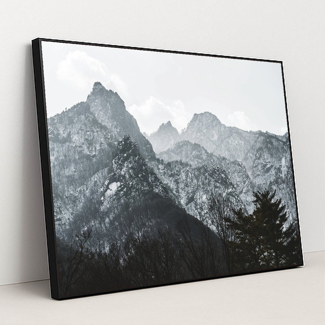 Snow-Covered Mountain Peaks with Pine Trees in Winter by 정규송 Nui MALAMA - Black Frame Stretchiez