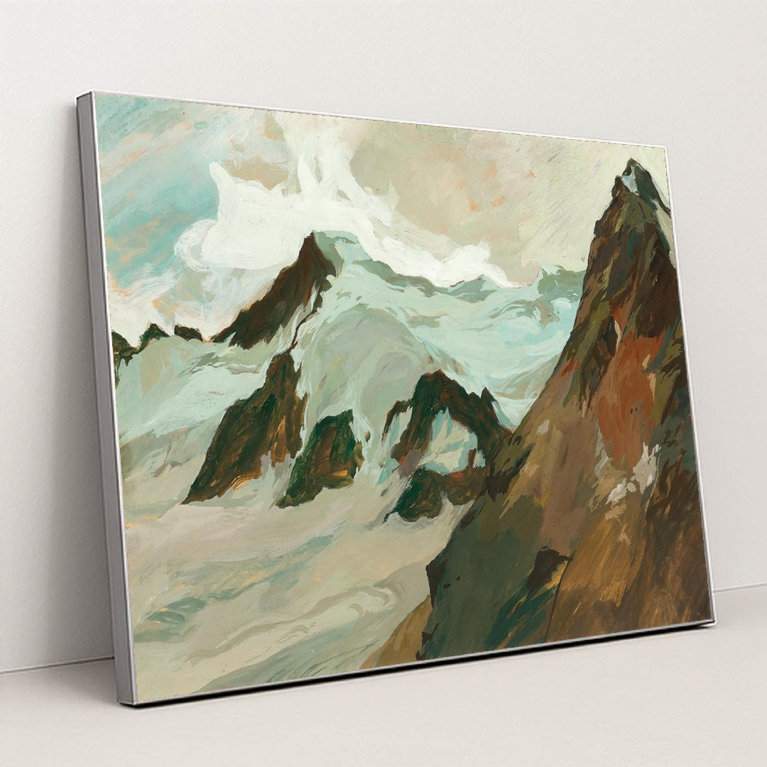 Snow-covered summit in the high mountains by Hugo Hodiener - Silver Frame Stretchiez