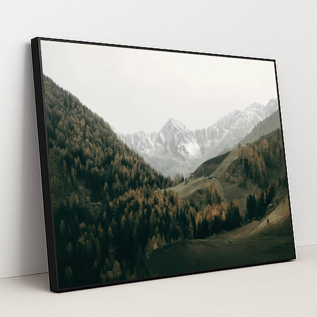 Italian snowy mountains and lush trees by Eberhard Grossgasteiger - Black Frame Stretchiez