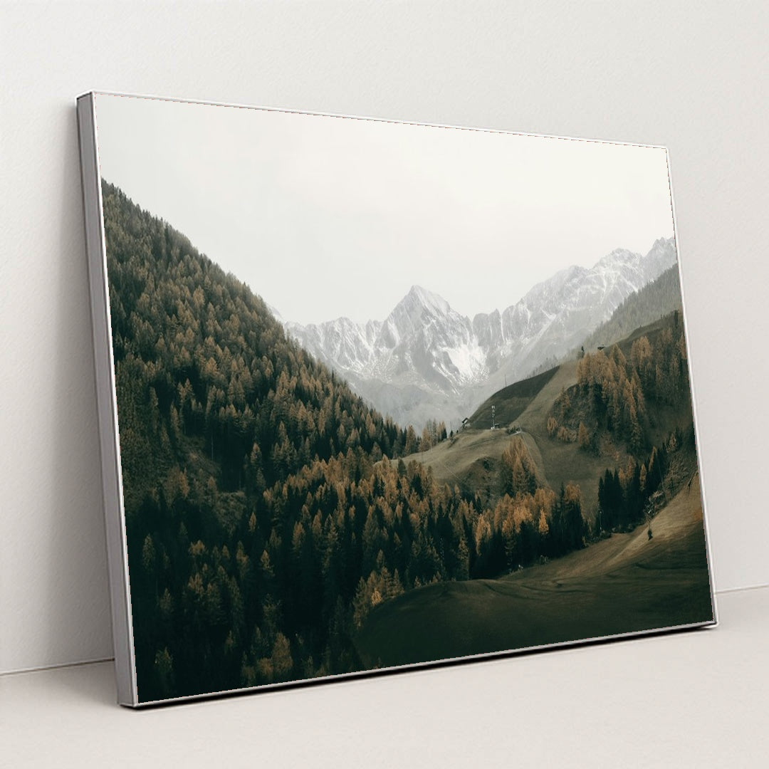 Italian snowy mountains and lush trees by Eberhard Grossgasteiger - Silver Frame Stretchiez