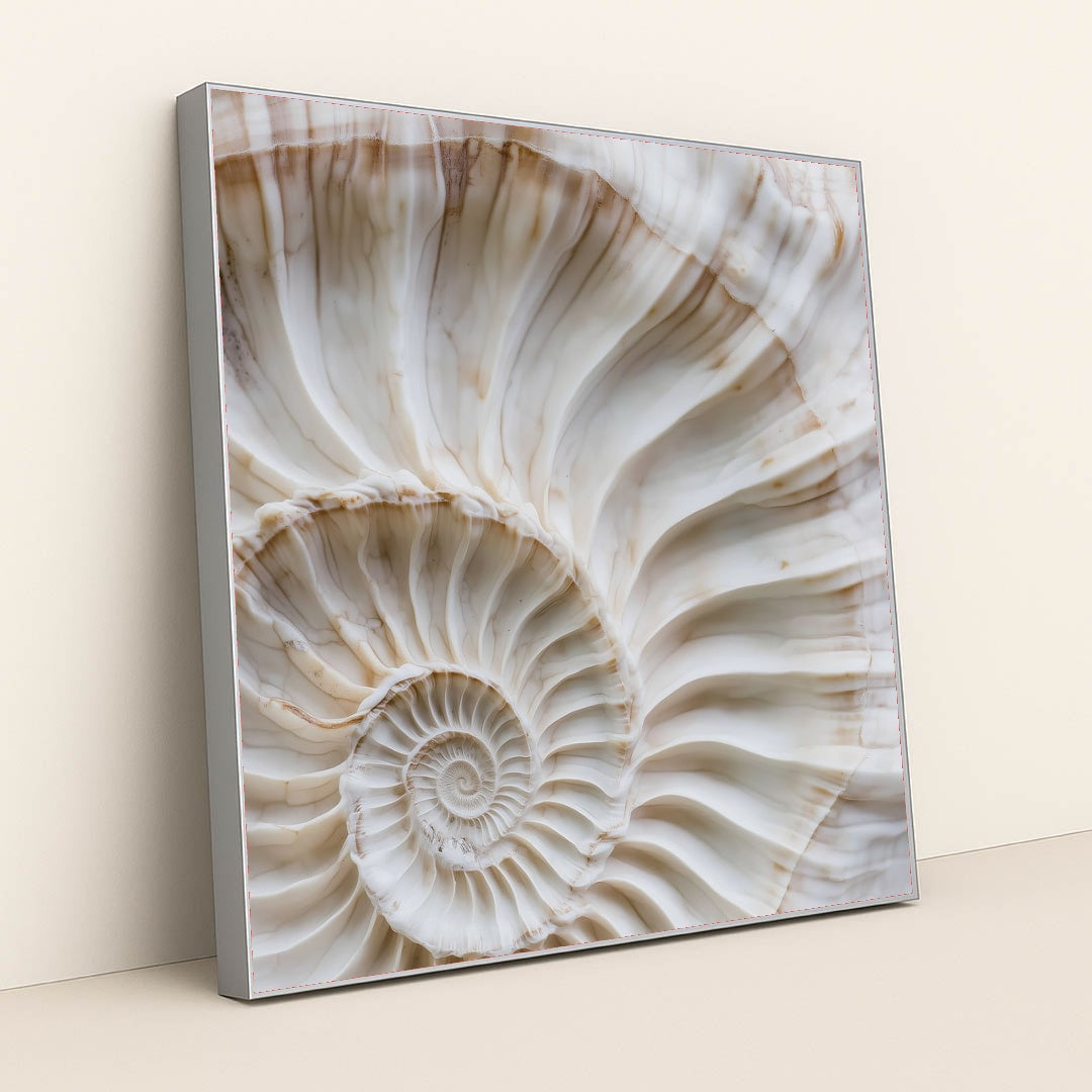This artwork shows a close-up of a white and beige spiral shell with fine ridges and natural marbling, in a silver frame.