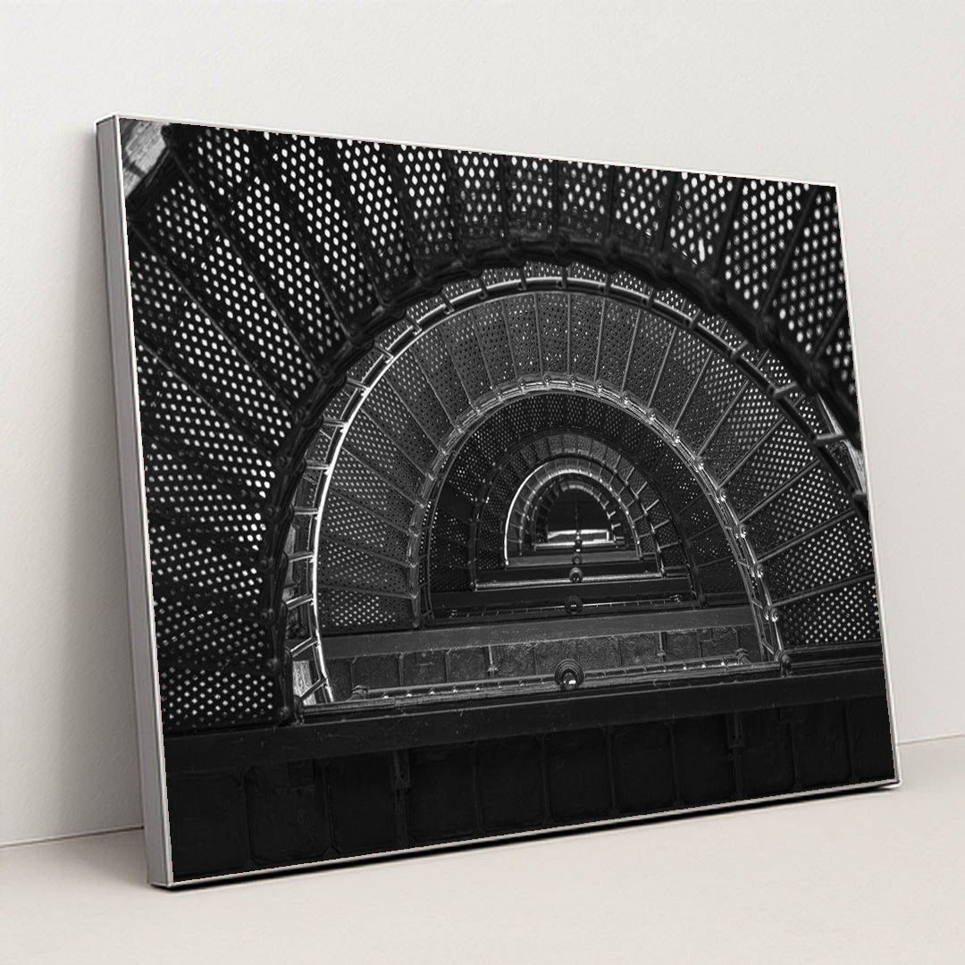Elegant Black and White Spiral Staircase by Mark Stebnicki - Silver Frame Stretchiez