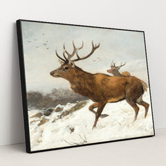 Stags in the Snow by Carl Friedrich Deiker - Black Frame Stretchiez
