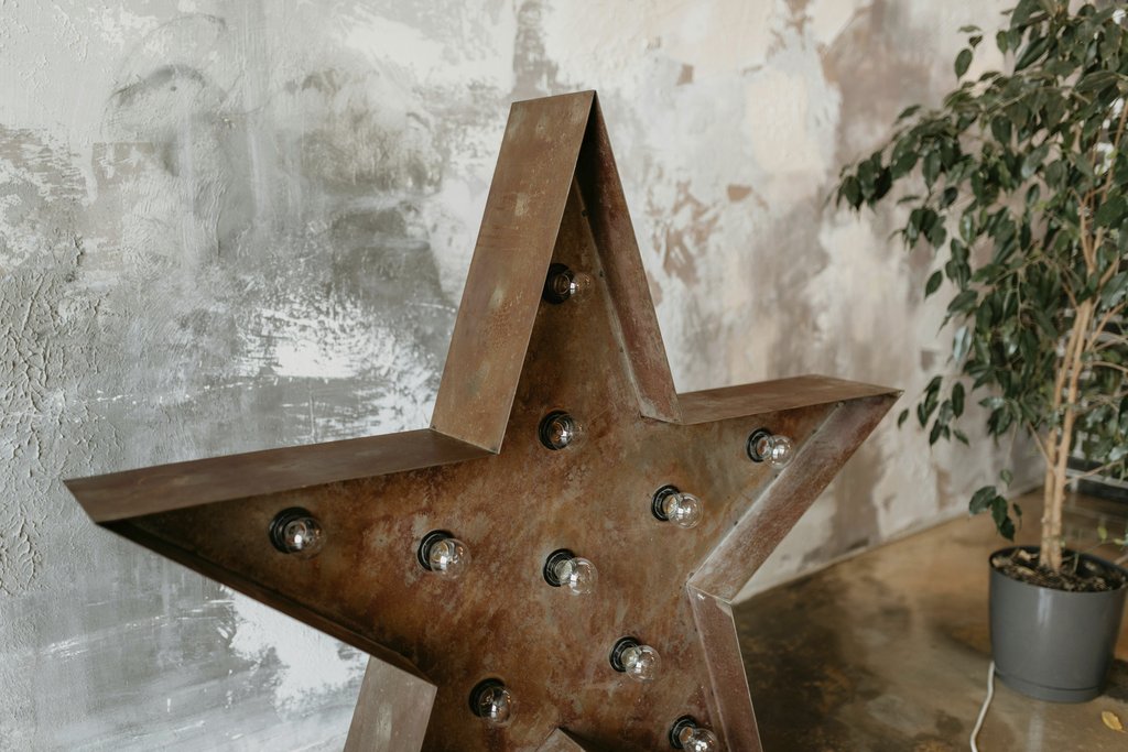 Dmitry Zvolskiy - A rustic metal star with Edison bulbs against a textured concrete wall in a stylish loft interior.