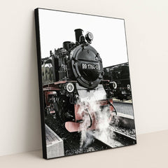 Classic Steam Locomotive at Railway Station by Felix Mittermeier - Black Frame Stretchiez