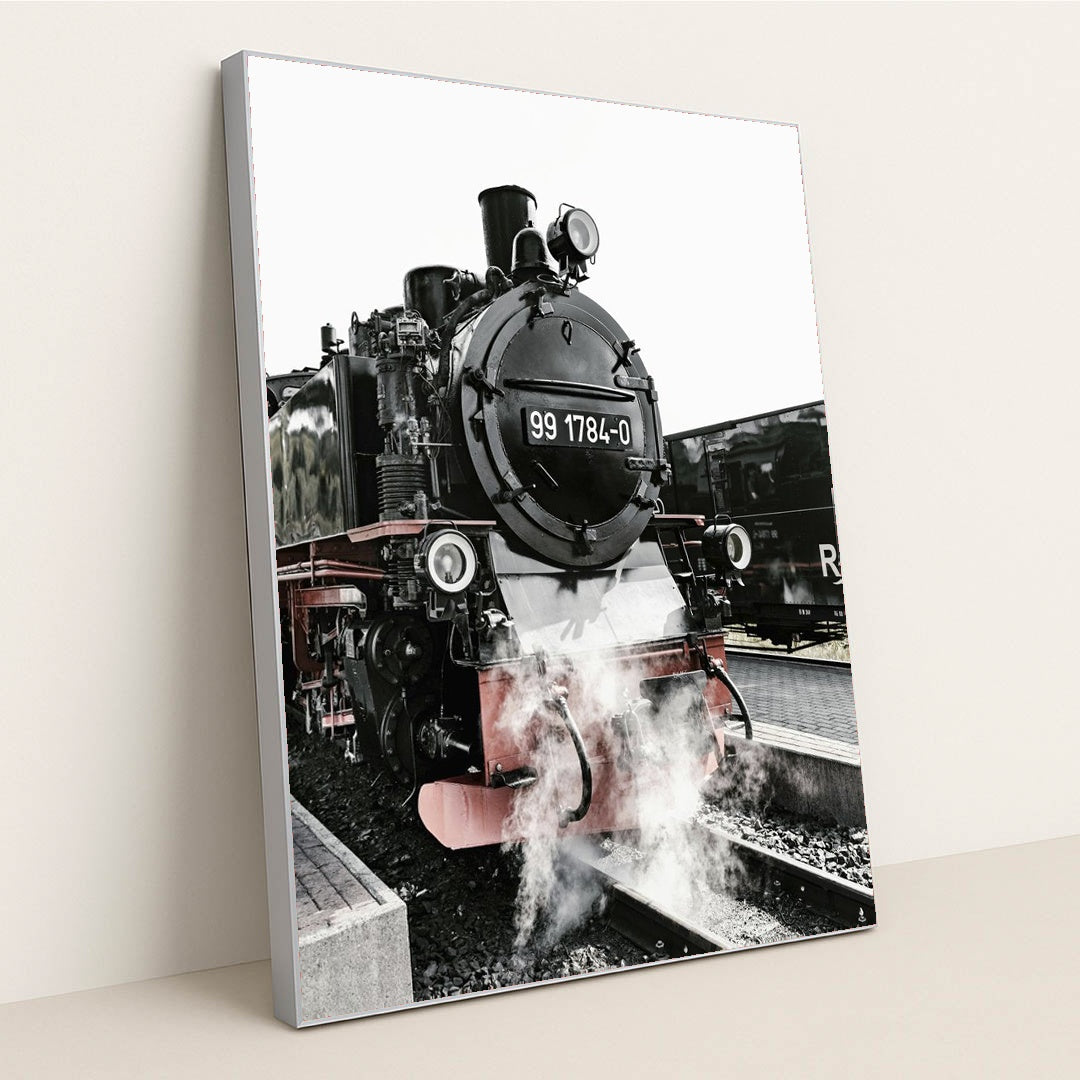 Classic Steam Locomotive at Railway Station by Felix Mittermeier - Silver Frame Stretchiez