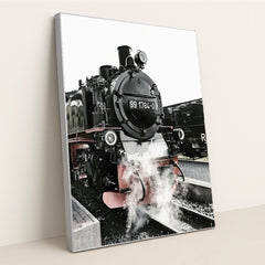 Classic Steam Locomotive at Railway Station by Felix Mittermeier - Silver Frame Stretchiez