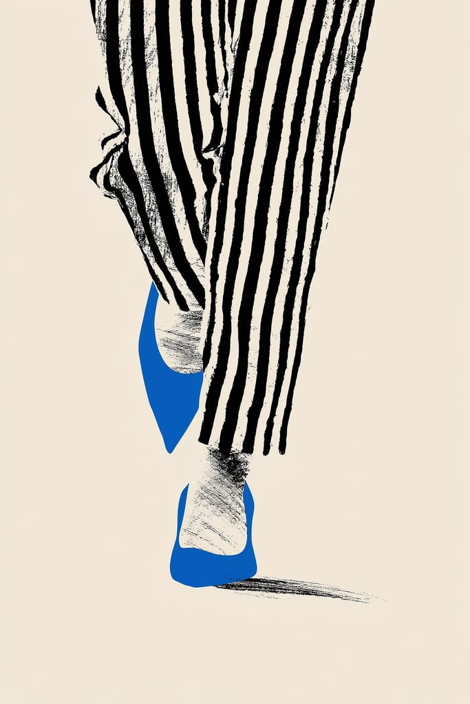 This artwork shows black and white striped pants and blue pointed shoes stepping on a pale background, unframed.