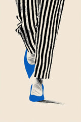 This artwork shows black and white striped pants and blue pointed shoes stepping on a pale background, unframed.