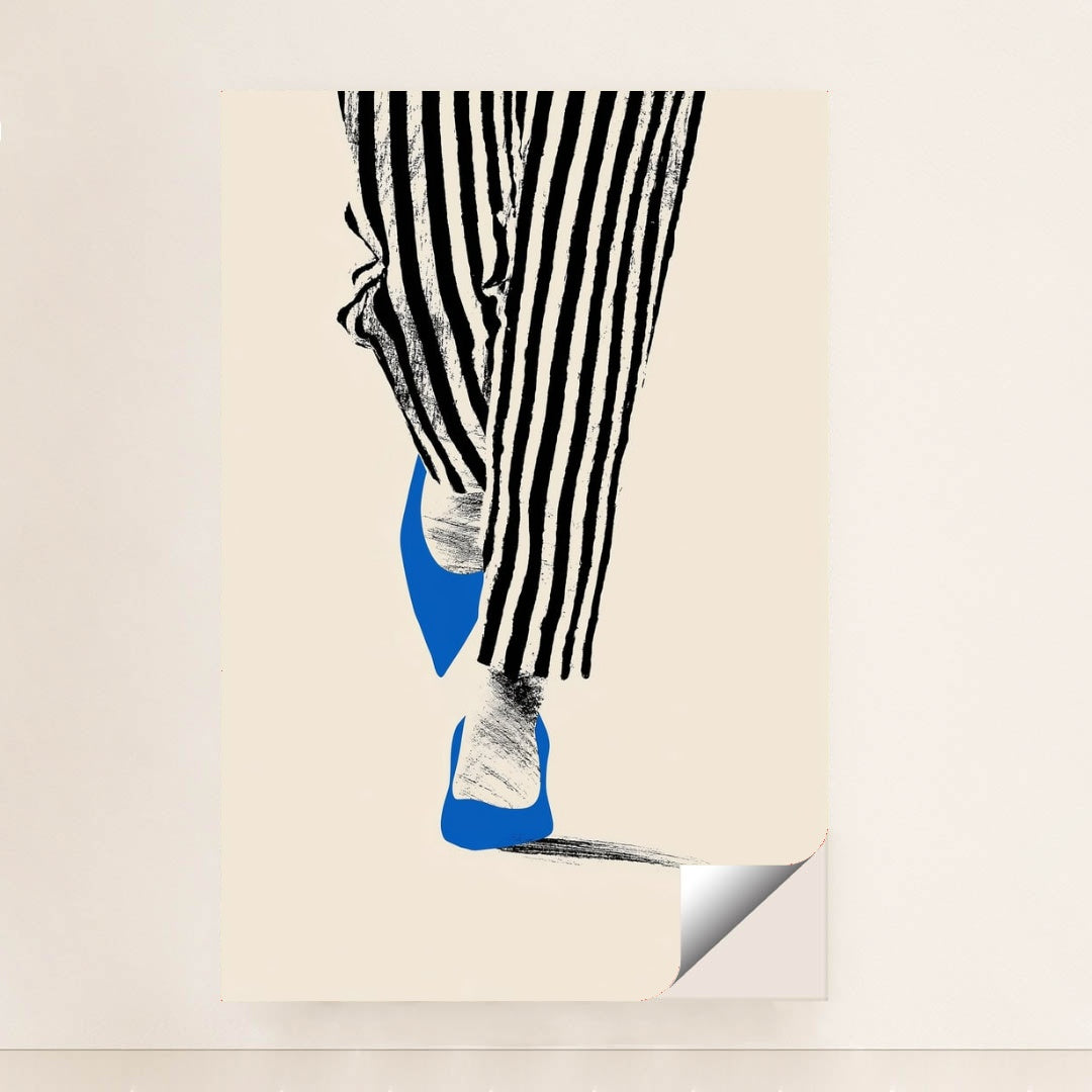 This artwork shows black and white striped pants and blue pointed shoes stepping on a pale background, minimalist unframed style.