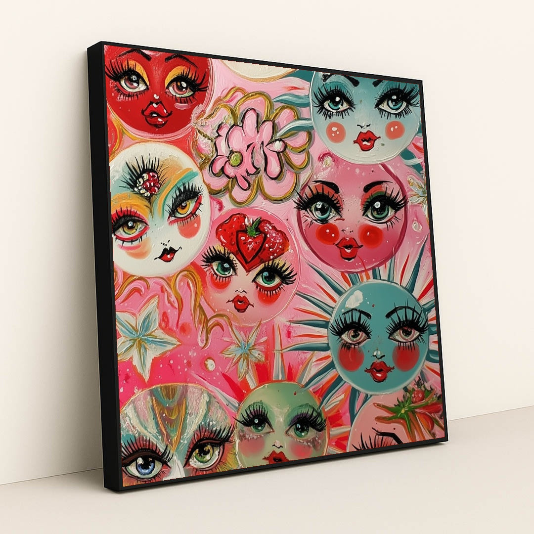 This artwork shows whimsical painted faces with large lashes and bright lips on colorful circles, surrounded by flowers and stars, in a black frame.