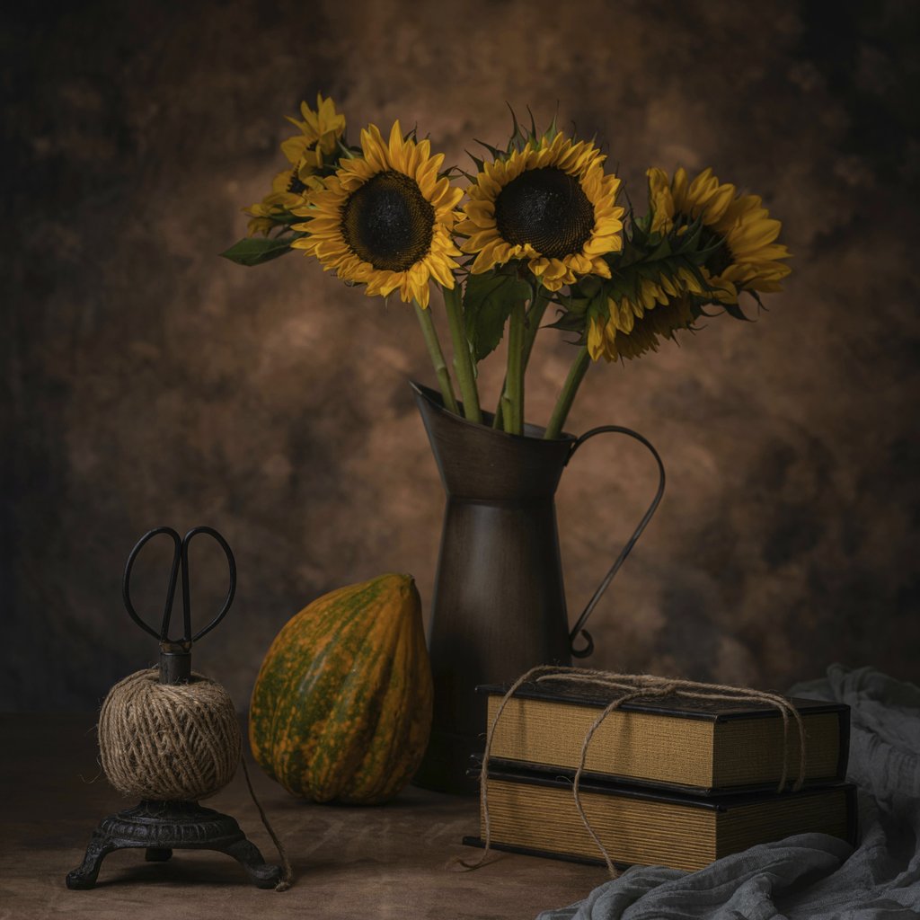Skyler Ewing - Elegant still life featuring sunflowers in a vase, pumpkin, and vintage books.