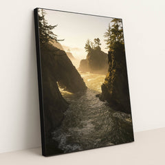 Sunset Over Rocky Coastline by Stephen Leonardi - Black Frame Stretchiez