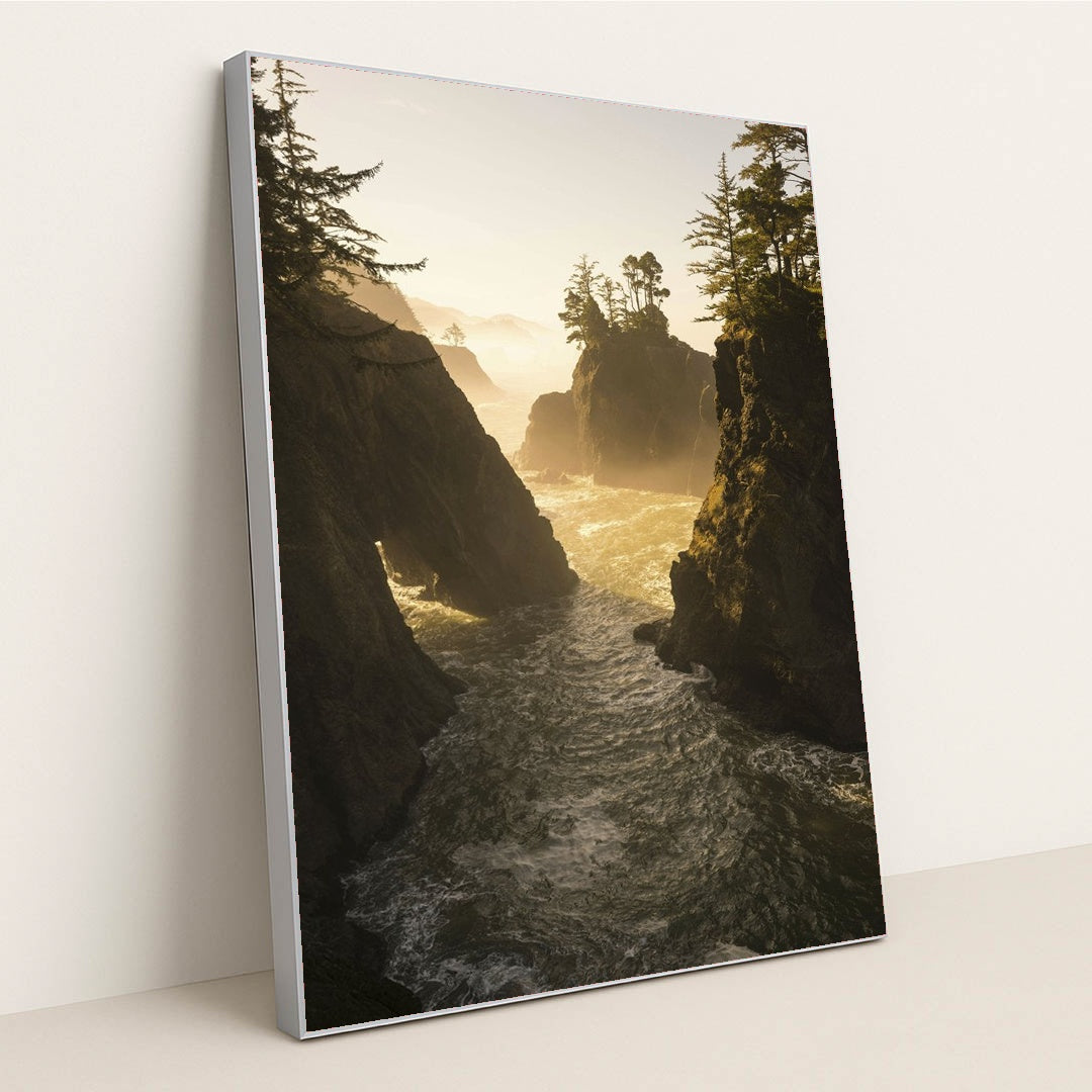 Sunset Over Rocky Coastline by Stephen Leonardi - Silver Frame Stretchiez