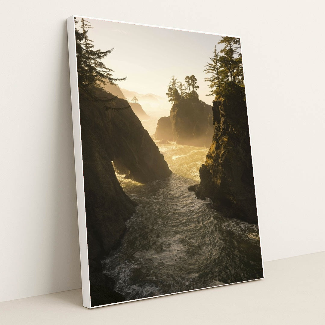 Sunset Over Rocky Coastline by Stephen Leonardi - White Frame Stretchiez