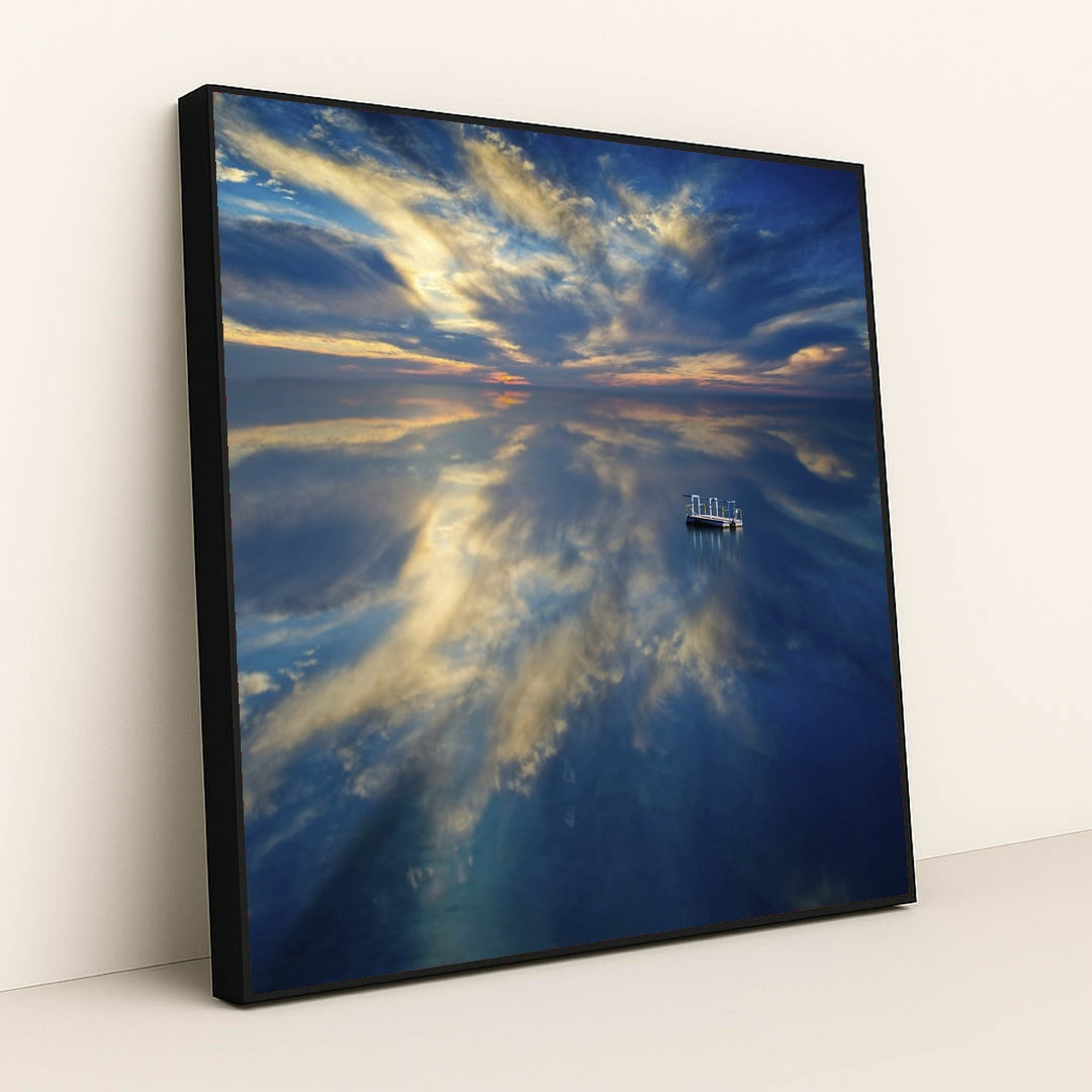 Floating Dock on Calm Lake at Dusk with Dramatic Cloud Reflections by Anonymous - Black Frame Stretchiez