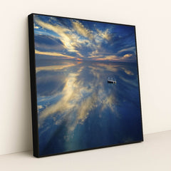 Floating Dock on Calm Lake at Dusk with Dramatic Cloud Reflections by Anonymous - Black Frame Stretchiez