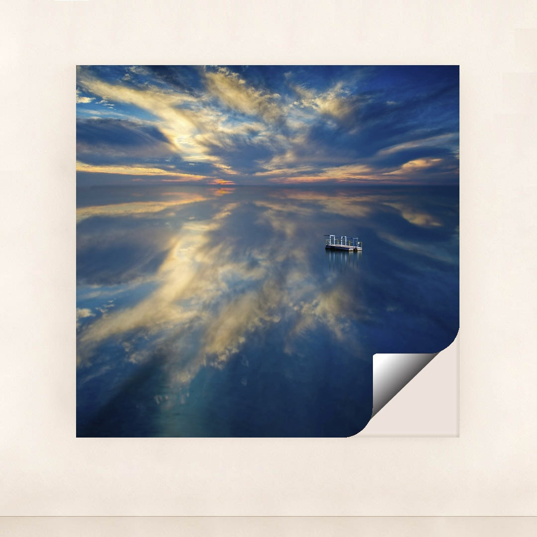 Floating Dock on Calm Lake at Dusk with Dramatic Cloud Reflections by Anonymous - Peeliez