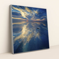 Floating Dock on Calm Lake at Dusk with Dramatic Cloud Reflections by Anonymous - Silver Frame Stretchiez