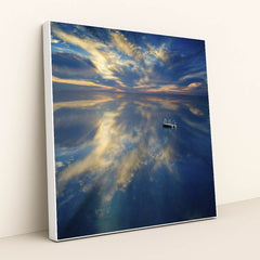 Floating Dock on Calm Lake at Dusk with Dramatic Cloud Reflections by Anonymous - White Frame Stretchiez