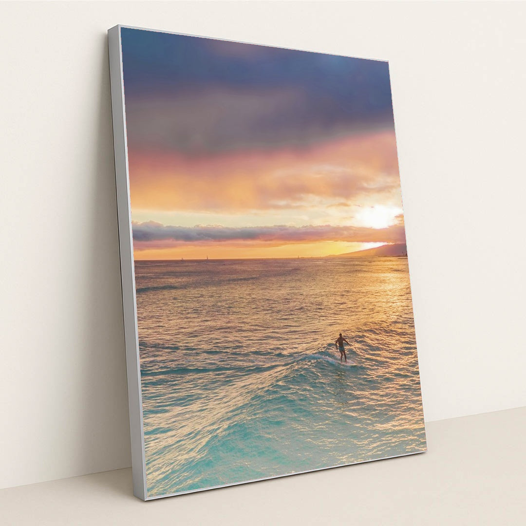 Surfer at Sunset by Jess Loiterton - Silver Frame Stretchiez