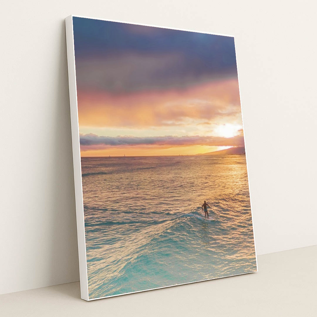 Surfer at Sunset by Jess Loiterton - White Frame Stretchiez