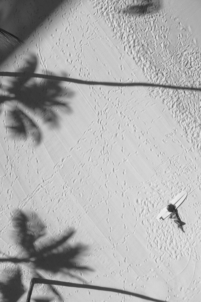 Jess Loiterton - Black and white aerial shot of a woman lying near a surfboard on a sandy beach with palm shadows.