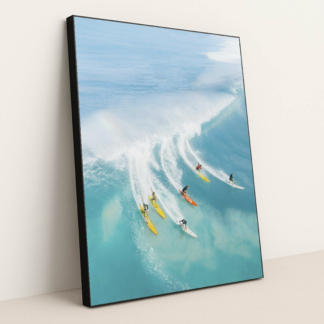 Surfers Riding Waves in Hawaii by Jess Loiterton - Black Frame Stretchiez