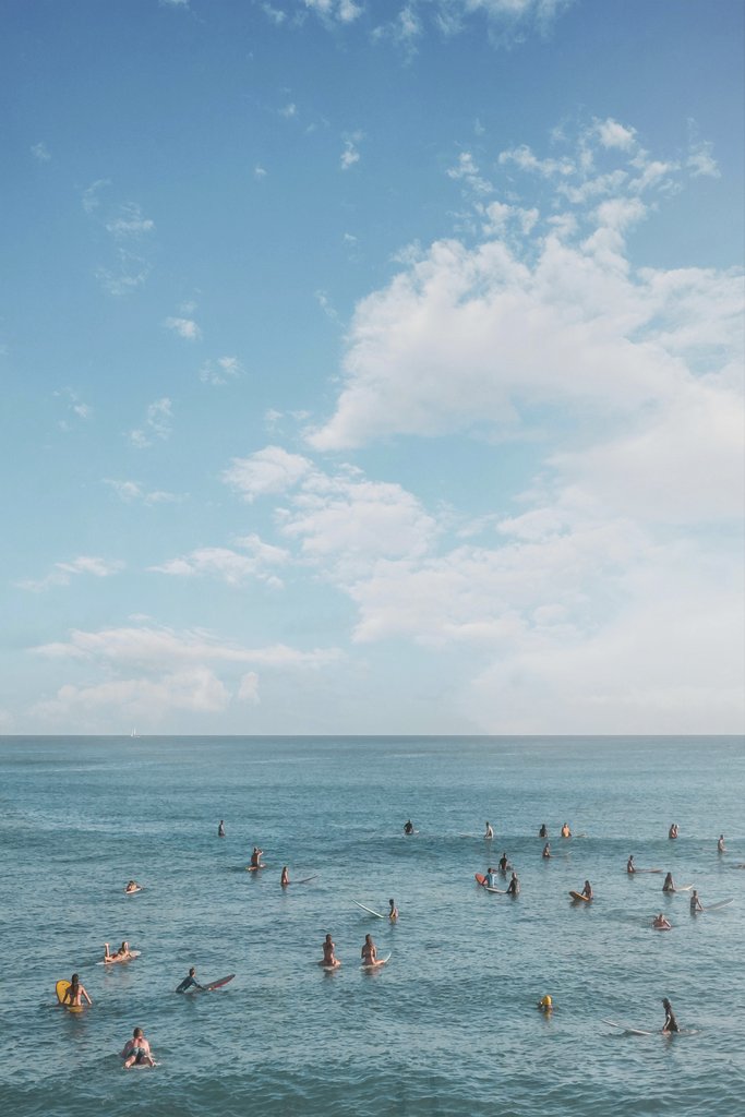 Jess Loiterton - Surfers and swimmers enjoy a sunny day on a pristine beach in Honolulu, capturing the vibrant island life.