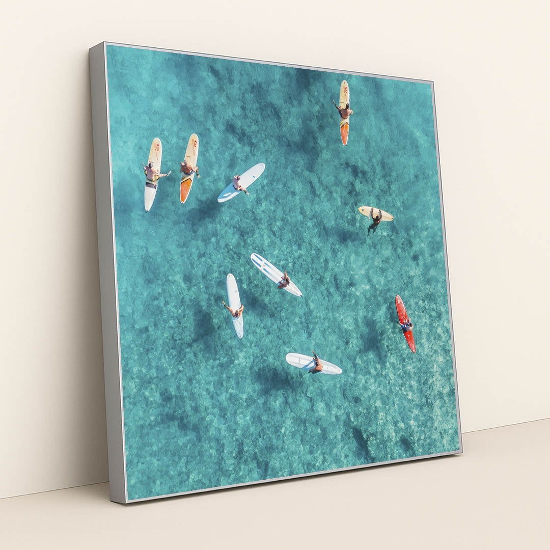 Surfers in Crystal Clear Waters by Jess Loiterton - Silver Frame Stretchiez