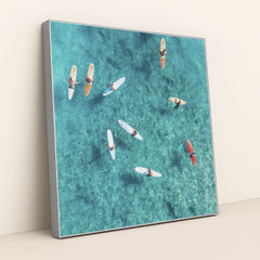 Surfers in Crystal Clear Waters by Jess Loiterton - Silver Frame Stretchiez