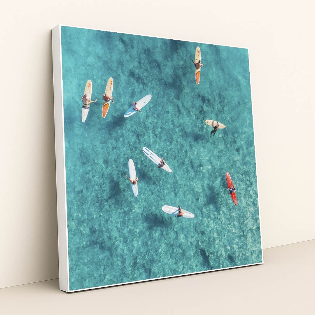 Surfers in Crystal Clear Waters by Jess Loiterton - White Frame Stretchiez