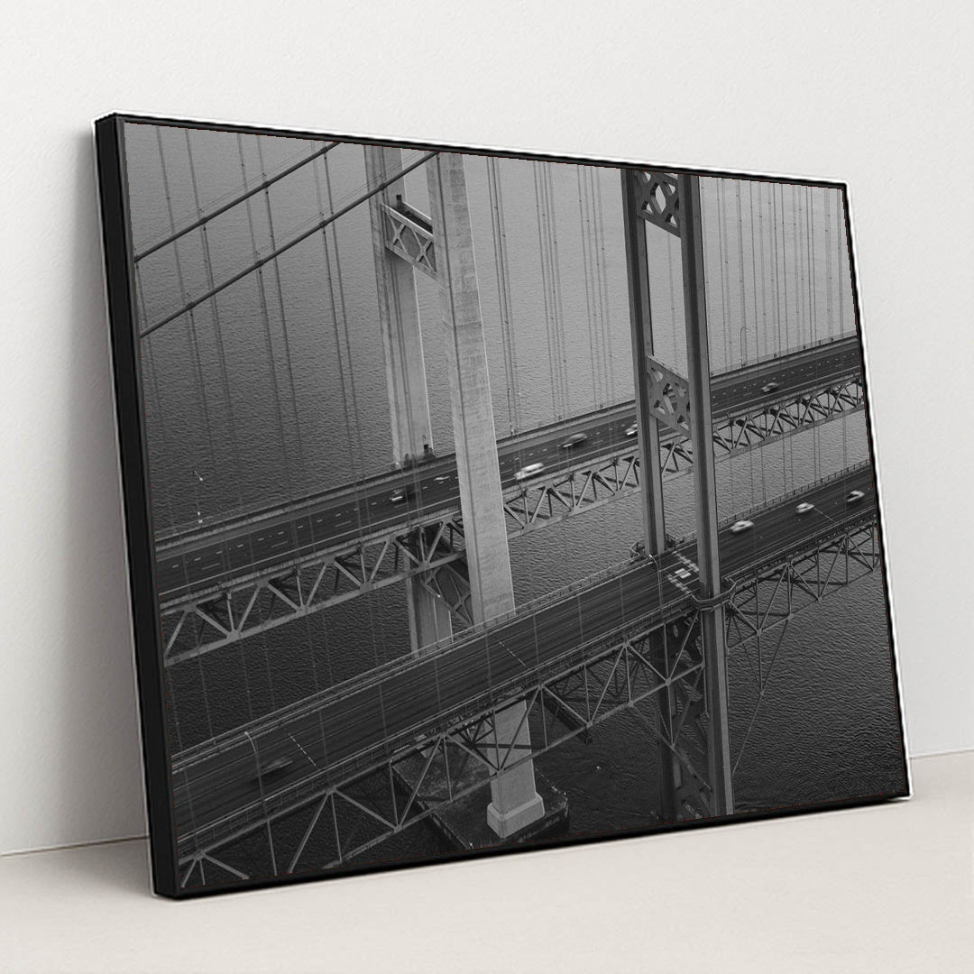 Tacoma Narrows Bridge Aerial View by Josh Hild - Black Frame Stretchiez