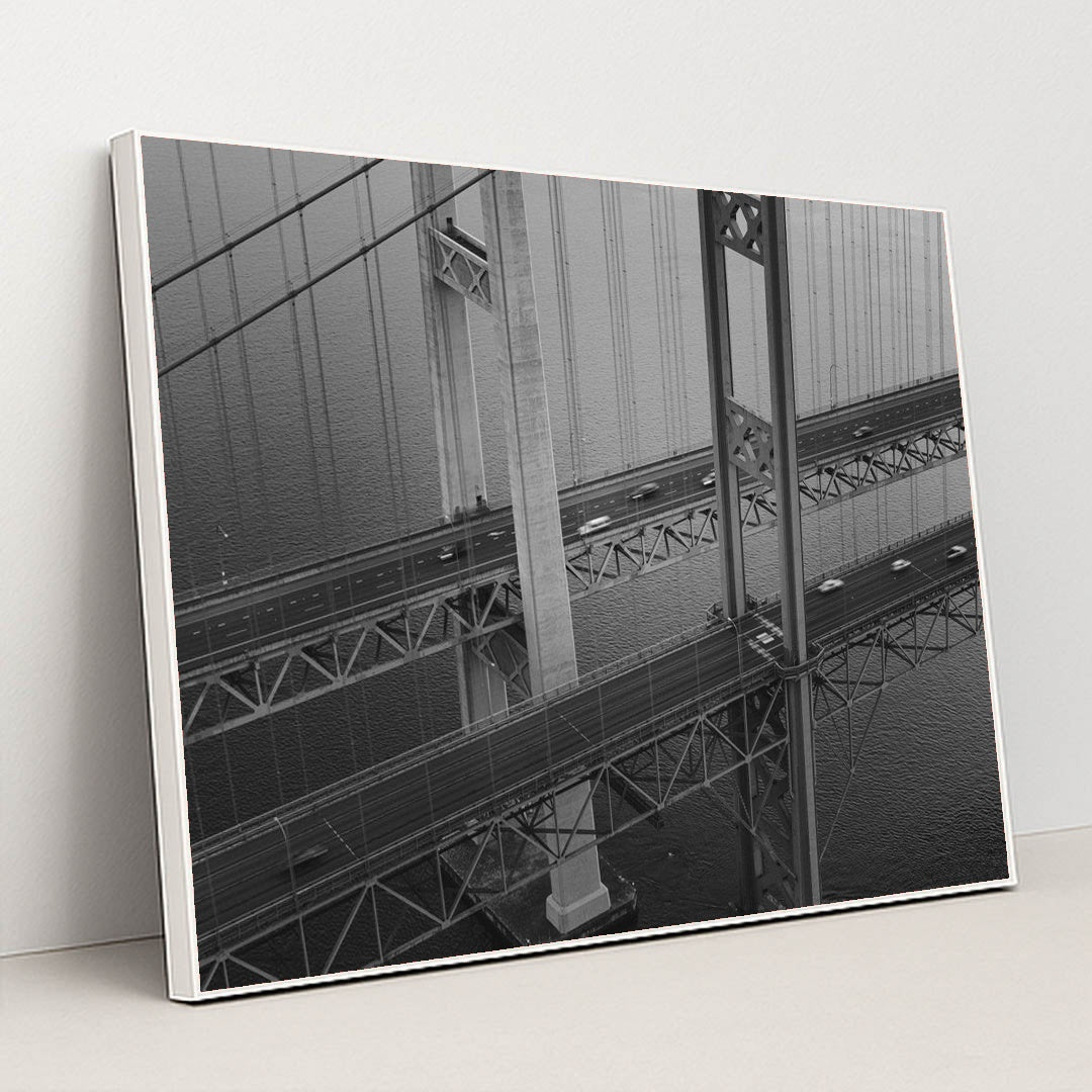 Tacoma Narrows Bridge Aerial View by Josh Hild - White Frame Stretchiez