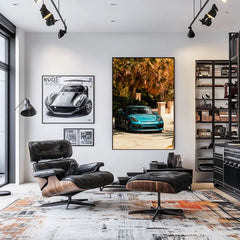 Porsche Cayman GT4 Among the Palms in a modern room, showcasing vibrant teal color and luxury decor for car wall art.