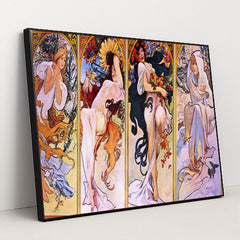 The Four Seasons (1895) by Alphonse Mucha - Black Frame Stretchiez