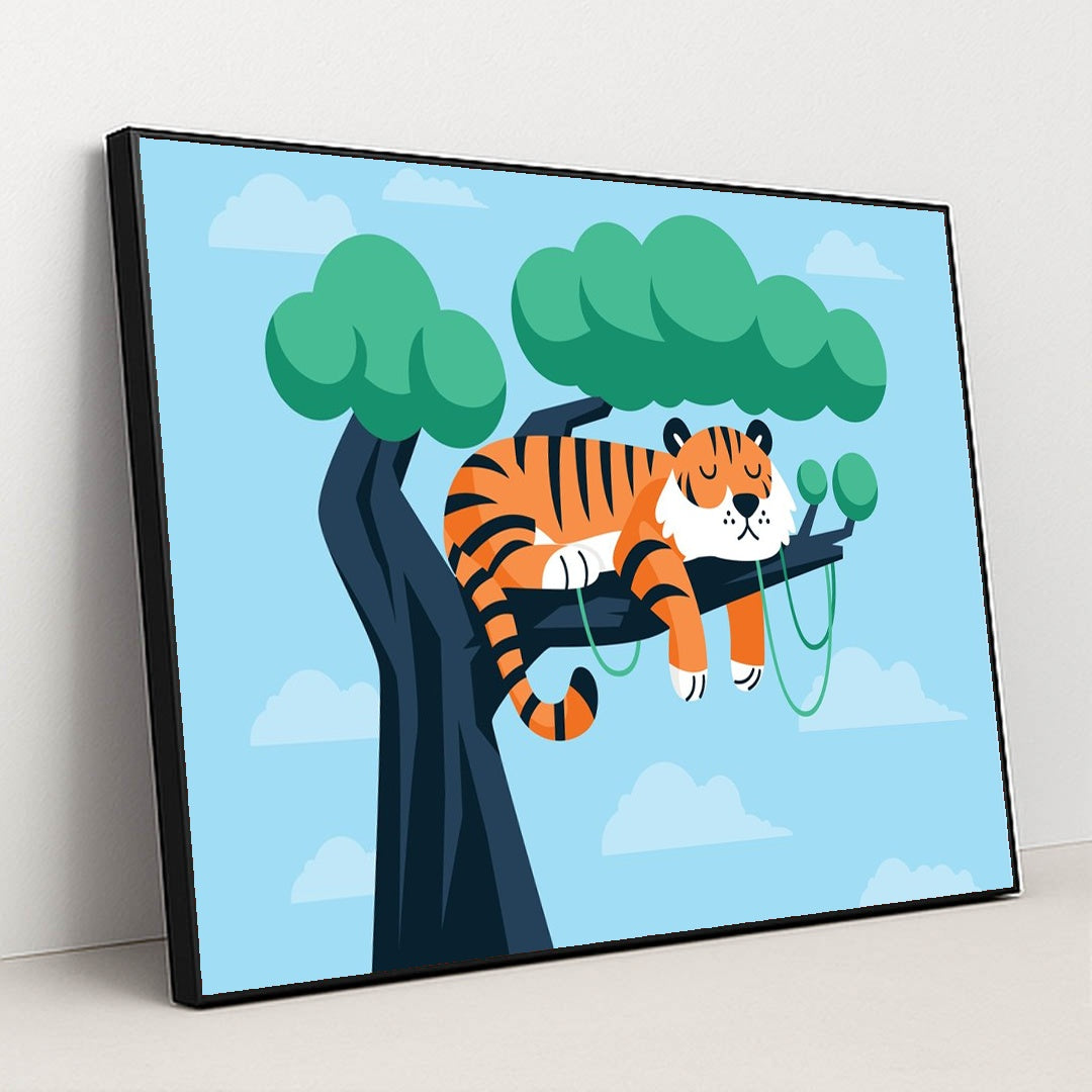 Tiger Resting on a Tree Branch by JÄ“ Design - Black Frame Stretchiez