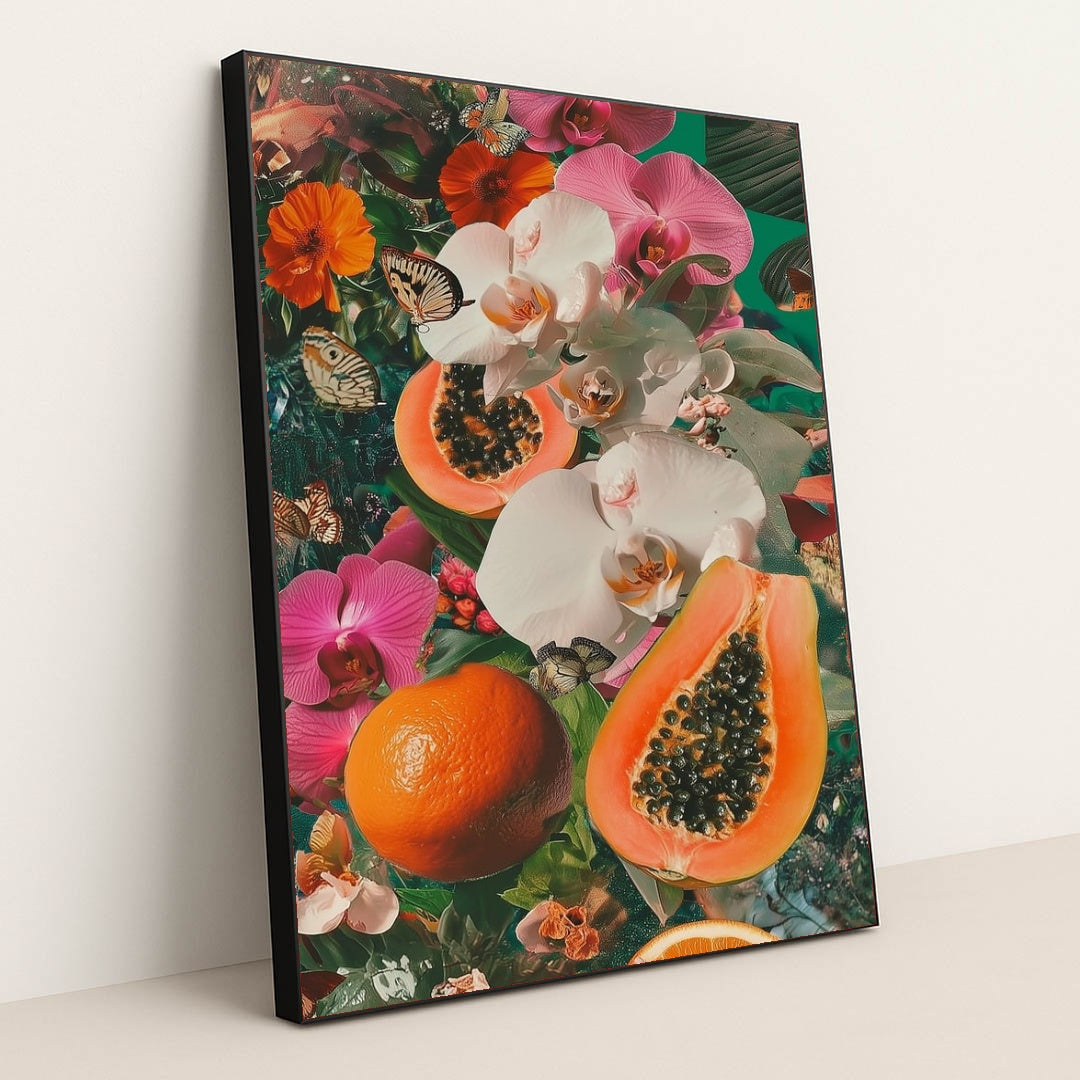 This artwork shows a tropical collage of papayas, oranges, pink and white orchids, orange flowers, and butterflies, in a black frame.