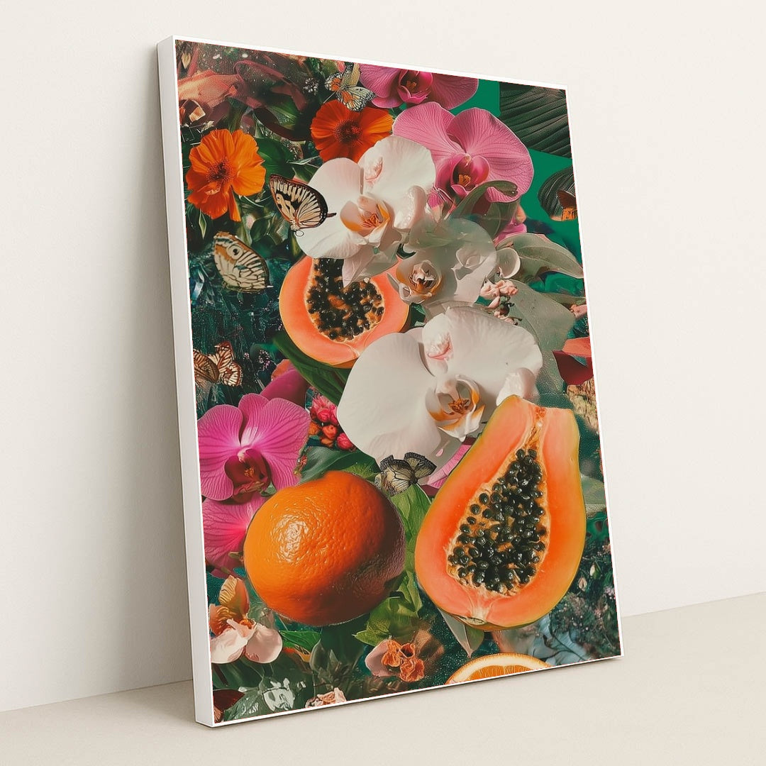 This artwork shows a tropical collage of papayas, oranges, pink and white orchids, orange flowers, and butterflies, in a white frame.