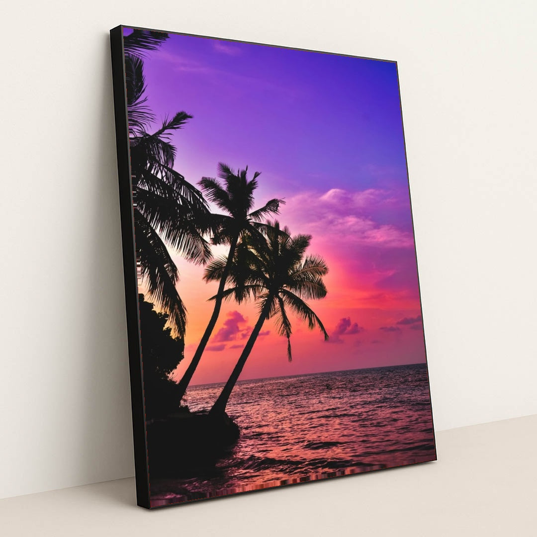 Tropical Sunset Palms by Saiph Muhammad - Black Frame Stretchiez