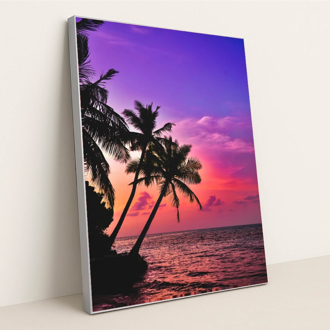 Tropical Sunset Palms by Saiph Muhammad - Silver Frame Stretchiez
