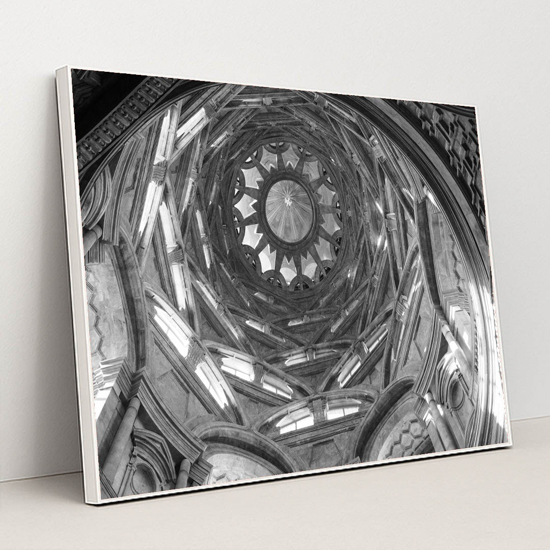 Monochrome Elegance of Turin's Holy Shroud Chapel Dome by Anonymous - White Frame Stretchiez