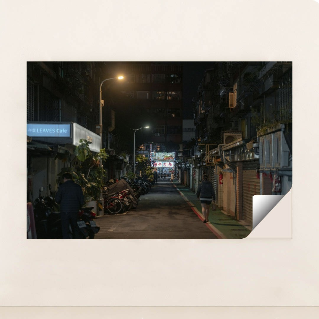 Dimly Lit Alleyway in Taipei with Motorbikes and Cafe Signs at Night by Jimmy Liao - Peeliez